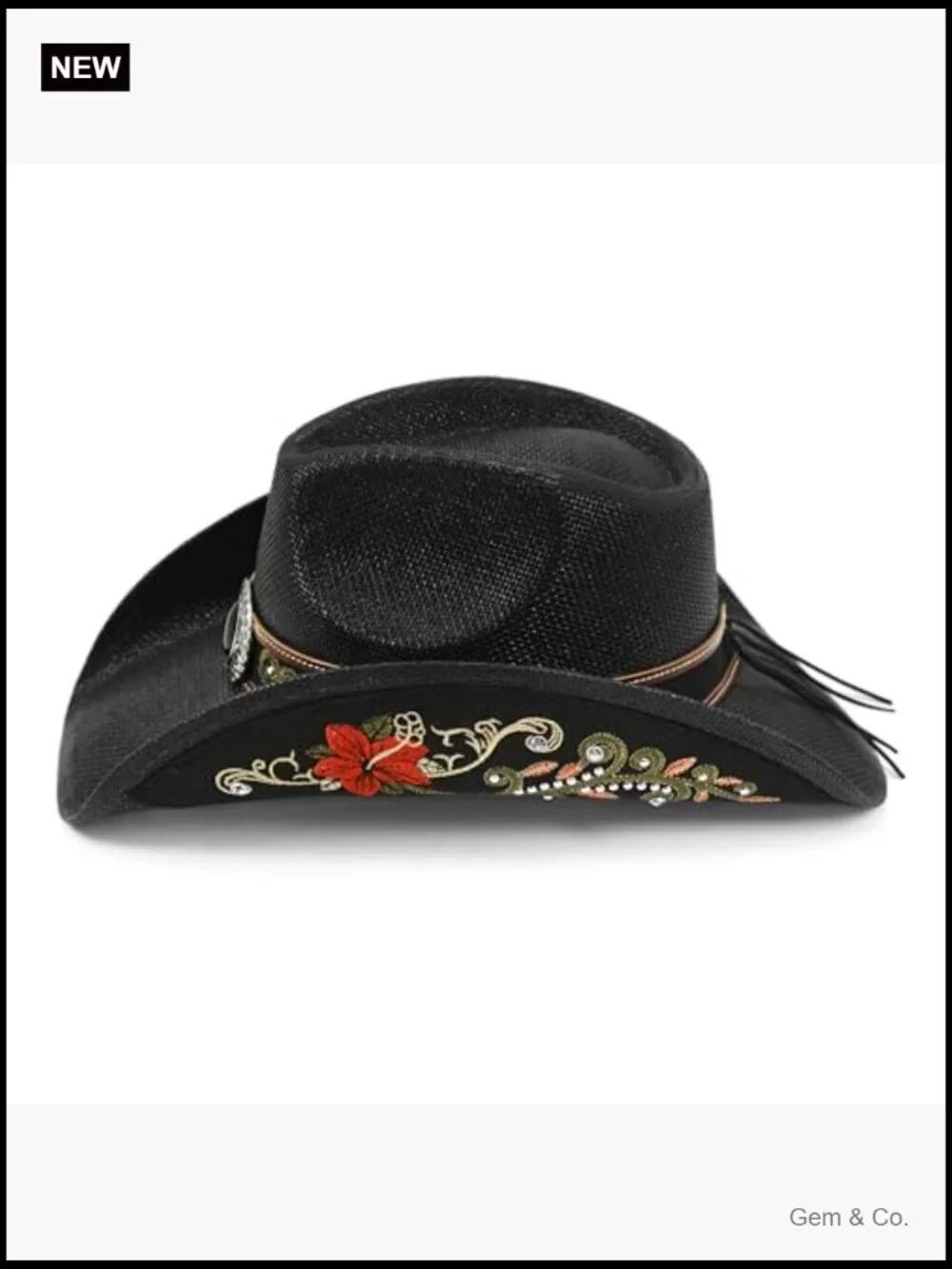 Embroidered Straw Cowboy Hat with Floral Design